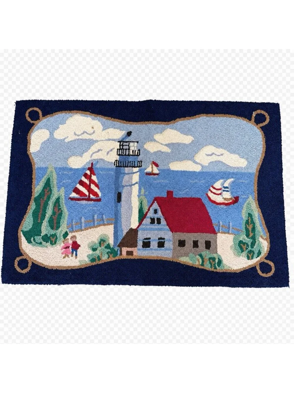 Vintage 100% Wool Hooked Lighthouse Area Rug 24x36 Nautical Coastal Sailboats
